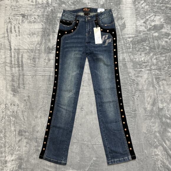 Platinum Plush Denim - New Platinum Plush Embroidered Studded Straight Jeans Womens Size 1‎ Velvet Blue